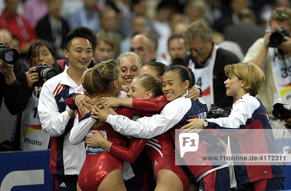 USA gymnastics team women celebrates gold medal in team finals Artistic Gymnastics World Championships 2007 Stuttgart Baden-Wuerttemberg Germany