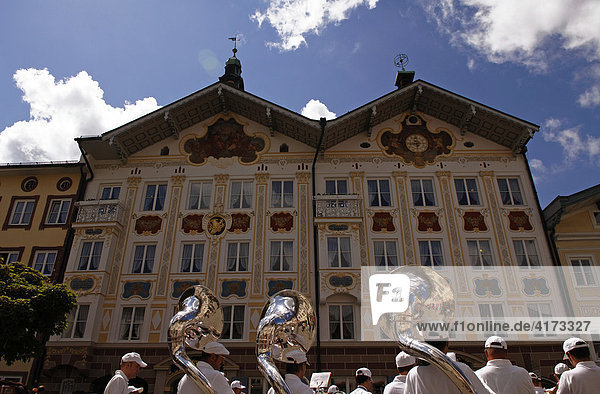 Brass band performing in front of the town hall in Bad Toelz  Upper Bavaria  Bavaria  Germany  Europe