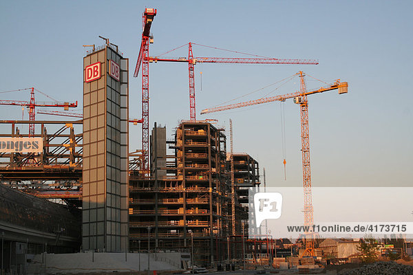 Construction cranes on the construction site of central station Lehrter Bahnhof Berlin