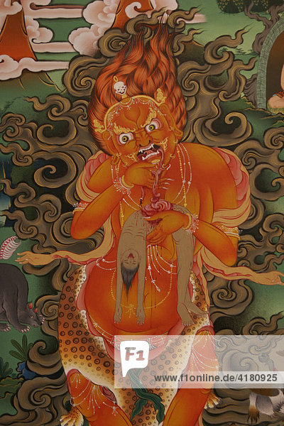 Painting of a gruesome demon in a monastery at the stupa near Bodnath  Kathmandu  Nepal  Asia