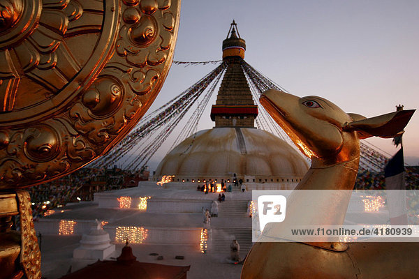 Stupa at dusk in Bodnath  a northeastern suburb of Kathmandu  Nepal  Asia