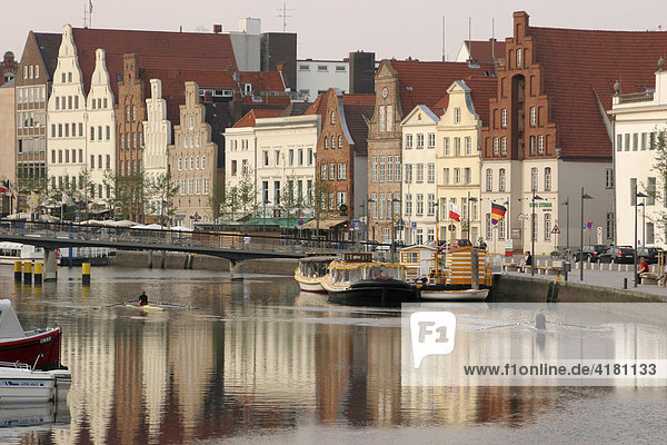 View of Luebeck´s historic centre overlooking the Trave River  Schleswig-Holstein  Germany