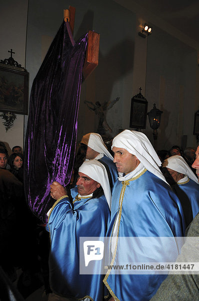 Covered statue of Jesus being carried out of a church  Holy Week  Easter Procession  Pietraperzia  Sicily  Italy  Europe