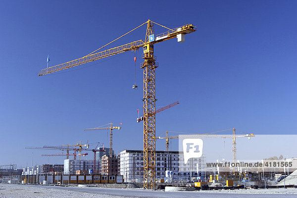 Construction site Arnulfpark with crane  Munich  Upper Bavaria  Bavaria  Germany