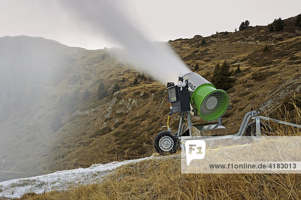 Snow cannon produces snow Riederalp  Valais  Switzerland