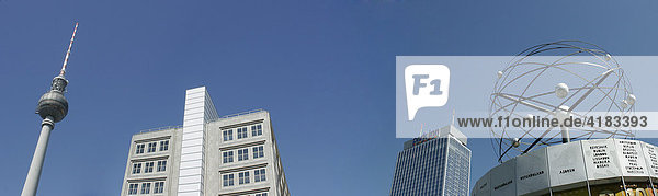 Panoramaaufnahme mit Fernsehturm  Parkinn Hotel und Weltzeituhr auf dem Alexanderplatz in Berlin  Deutschland  Europa