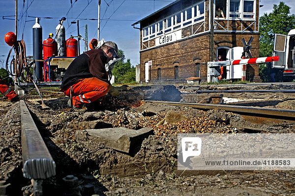 Track construction at a railway level crossing near Calau in Niederlausitz  Brandenburg  Germany
