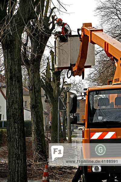 Worker on a lifting platform sawing off branches