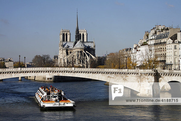 Blick auf Seine mit Schiff und Kirche Notre-Dame  Paris  Frankreich