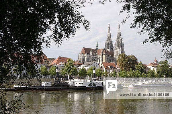 Blick ueber die Donau auf den Regensburger Dom  Regensburg  Bayern  Deutschland