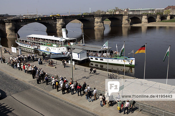 Landing place of tourist steam ships at the Terrassenufer in the city center of Dresden Eastern Germany Saxony