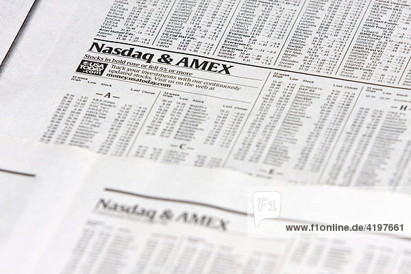 Börsenkurse  Nasdaq and Amex  Witschaftsteil einer amerikanischen Tageszeitung  USA