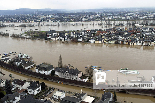 The island Niederwerth in the middle of the river rhine during high flood. Niederwerthm Rhineland-Palatinate  Germany