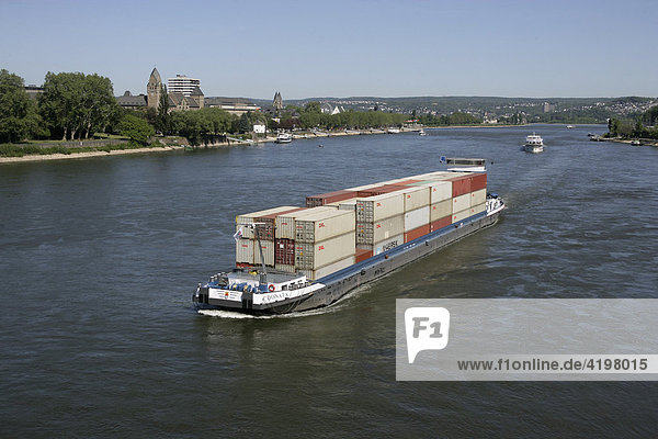 Containership on the river rhine in front of castle Ehrenbreitstein. Koblenz  Rhineland-Palatinate  Germany.