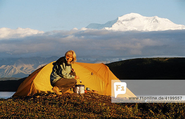 Camping at the foot of Mt. McKinley  North America's highest peak  Denali National Park  Alaska  USA