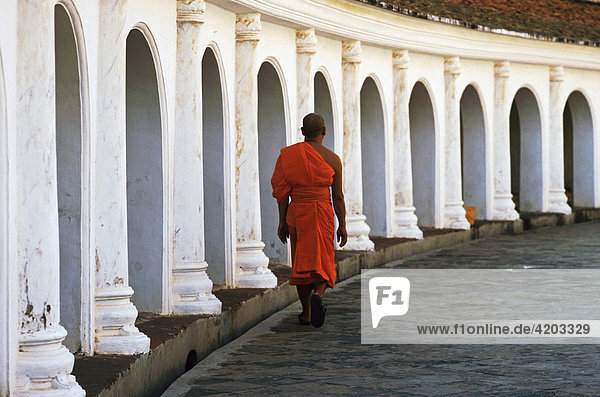 Arkadengang und Mönch im Phra Pathom Cedi  Nakhon Pathom  Thailand  Asien