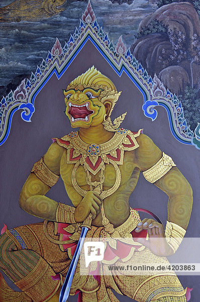 Restored wall murals (Ramakien) in Wat Phra Kaeo Grand Palace (Temple of the Emerald Buddha)  Bangkok  Thailand  Southeast Asia  Asia