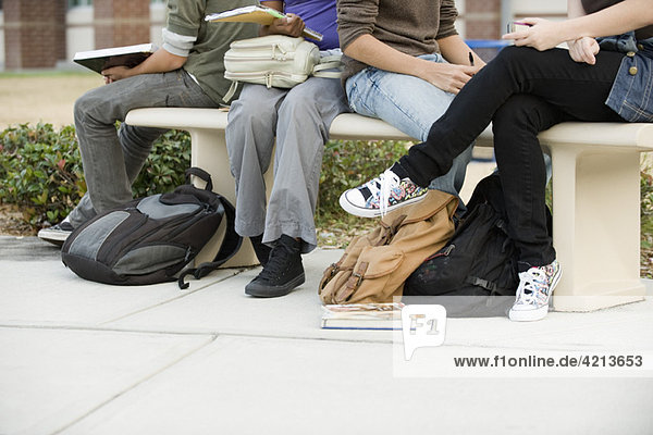 Students hanging out together  sitting on park bench