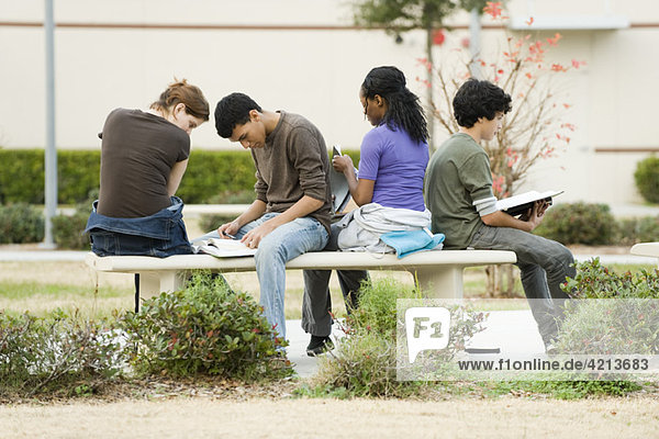 High school students studying together outdoors