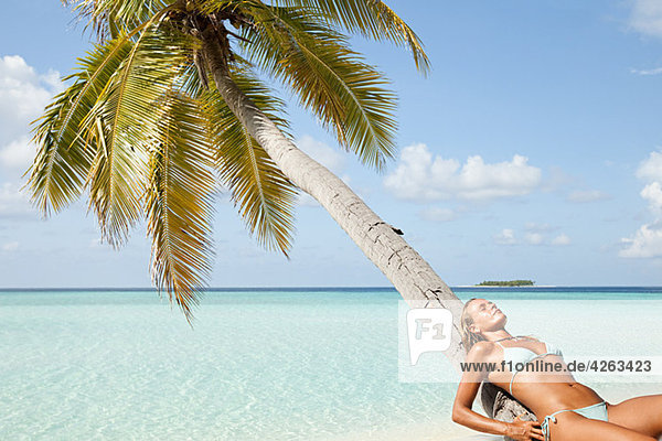 Frau lehnt sich an Palme  Insel Maadaugalla  Nord Huvadhu Atoll  Malediven