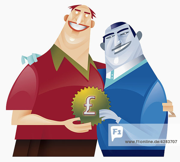 Zwei Männer halten Zahnrad mit Pfundsymbol