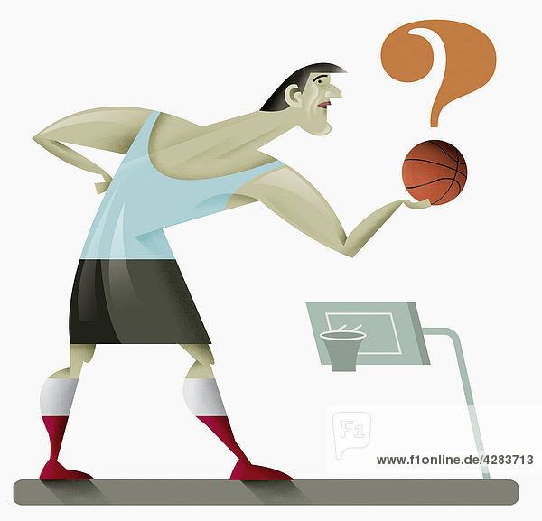Mann hält Fragezeichen in Form eines Basketballs