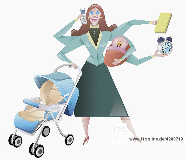 Vielbeschäftigte Frau mit Baby