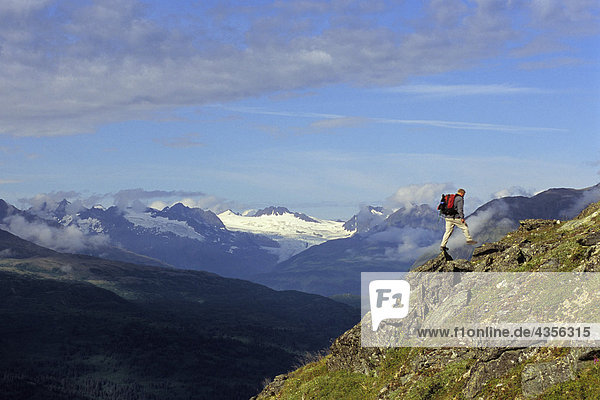 Hiker on Tundra Views Scene Thompson Pass SC AK Summer Chugach Mountains