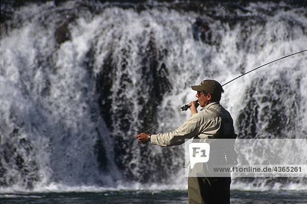 Man flyfishing in front of waterfall Huemules River Chile