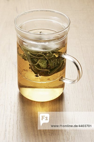 A glass cup of sage tea with sage leaves