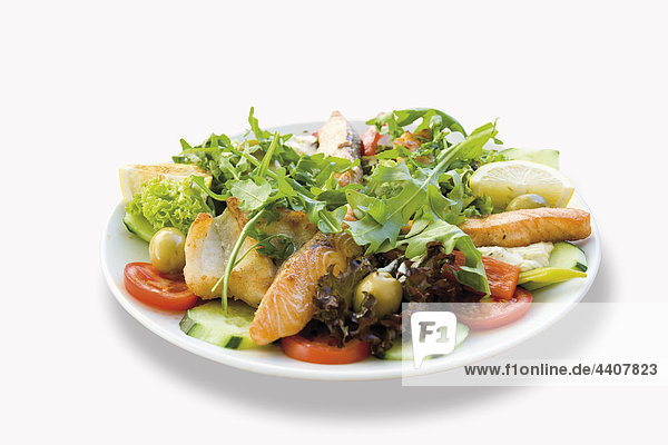 Gebratener Fischlachs garniert mit gemischtem Salat und Zander im Teller auf weißem Hintergrund