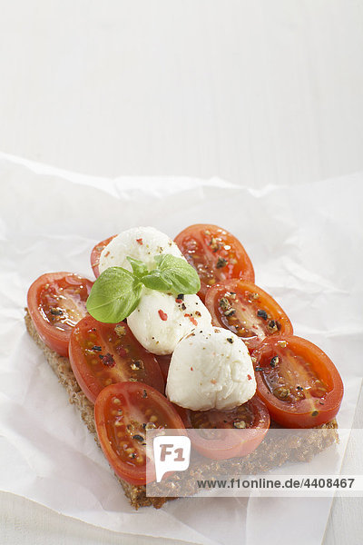 Tomaten-Mozzarella-Sandwich auf weißem Grund  Nahaufnahme