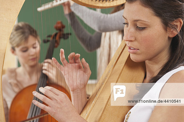 Junge Frauen die Musikinstrumente spielen