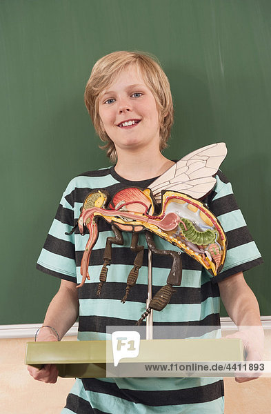 Boy(12-13) holding and fly model  smiling  portrait