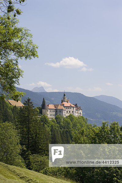 Österreich  Steiermark  Rottenmann  Burg Strechau  Blick auf Gebäude mit Bergen im Hintergrund