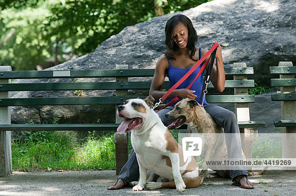 Woman sitting on a park bench with her two dogs