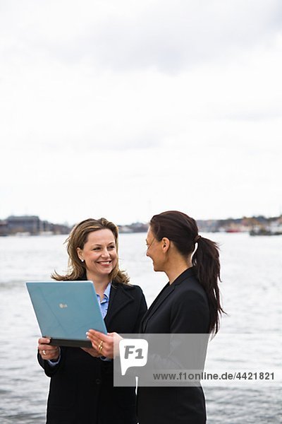 Paar von Geschäftsfrauen arbeiten auf Laptop-Kanal