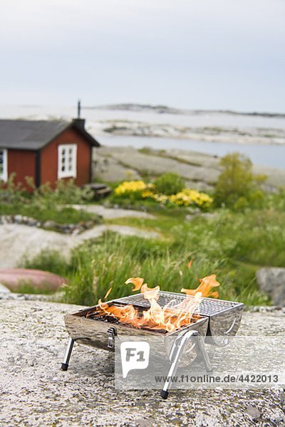 Barbecue grill with meal on rock
