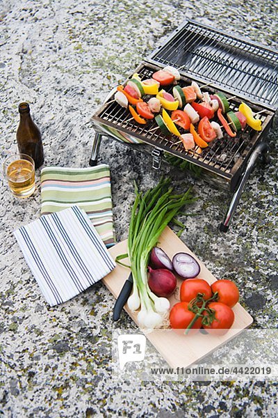 Barbecue grill with vegetables on rock