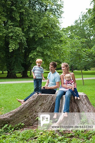 Mid adult couple with children sitting on stub in park and smiling