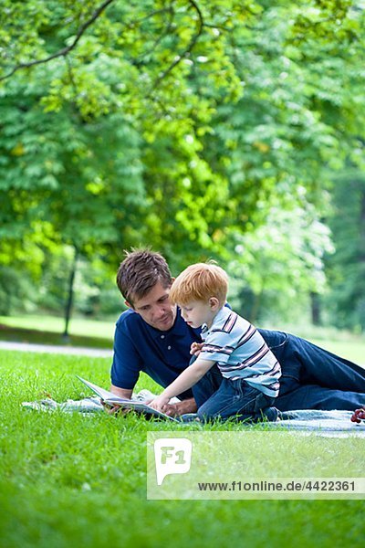 Father reading book to son in park
