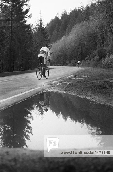 Ein Mann auf einem Rennrad  der eine Bergstraße hinauffährt.