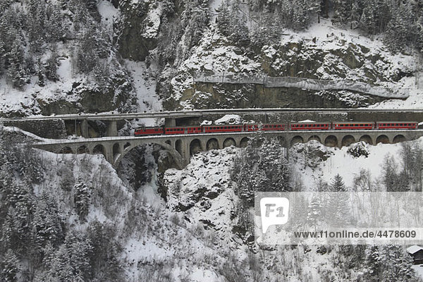 Ein Zug überquert ein Bergviadukt
