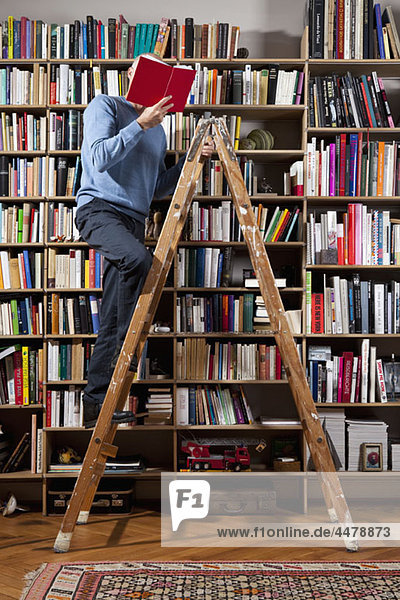 Ein Mann  der auf einer Leiter in einer Hausbibliothek liest.