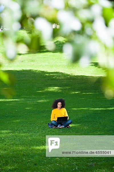 Junger Mann mit Afro Haar sitzen auf Gras mit laptop