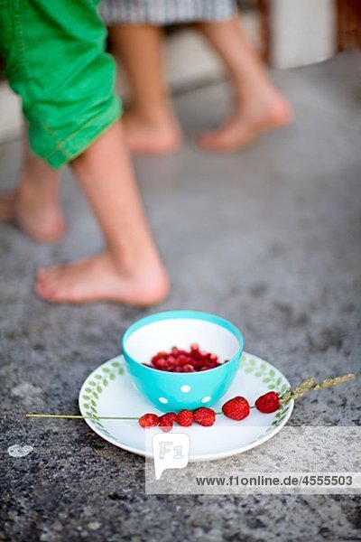 Schüssel mit wilden Erdbeeren  nackten Füßen von Kindern im Hintergrund