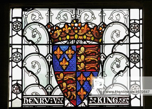 Stained glass window depicting coat of arms of King Henry V in The Great Hall  Winchester  Hampshire  England  United Kingdom