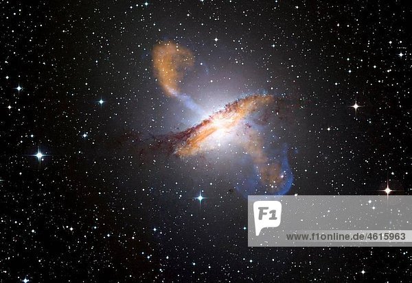 This image of Centaurus A shows a spectacular new view of a supermassive black holeÂ¥s power Jets and lobes powered by the central black hole in this nearby galaxy are shown by submillimeter data colored orange from the Atacama Pathfinder Experiment APEX