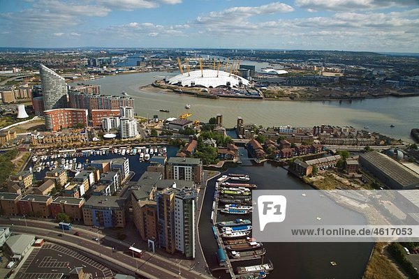 View of London skyline looking towards Poplar Wharf and Marina  O2 Arena and Thames Barrier  Canary Wharf  London  England  UK