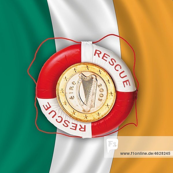 Euro coin in lifebelt against Irish flag  close up